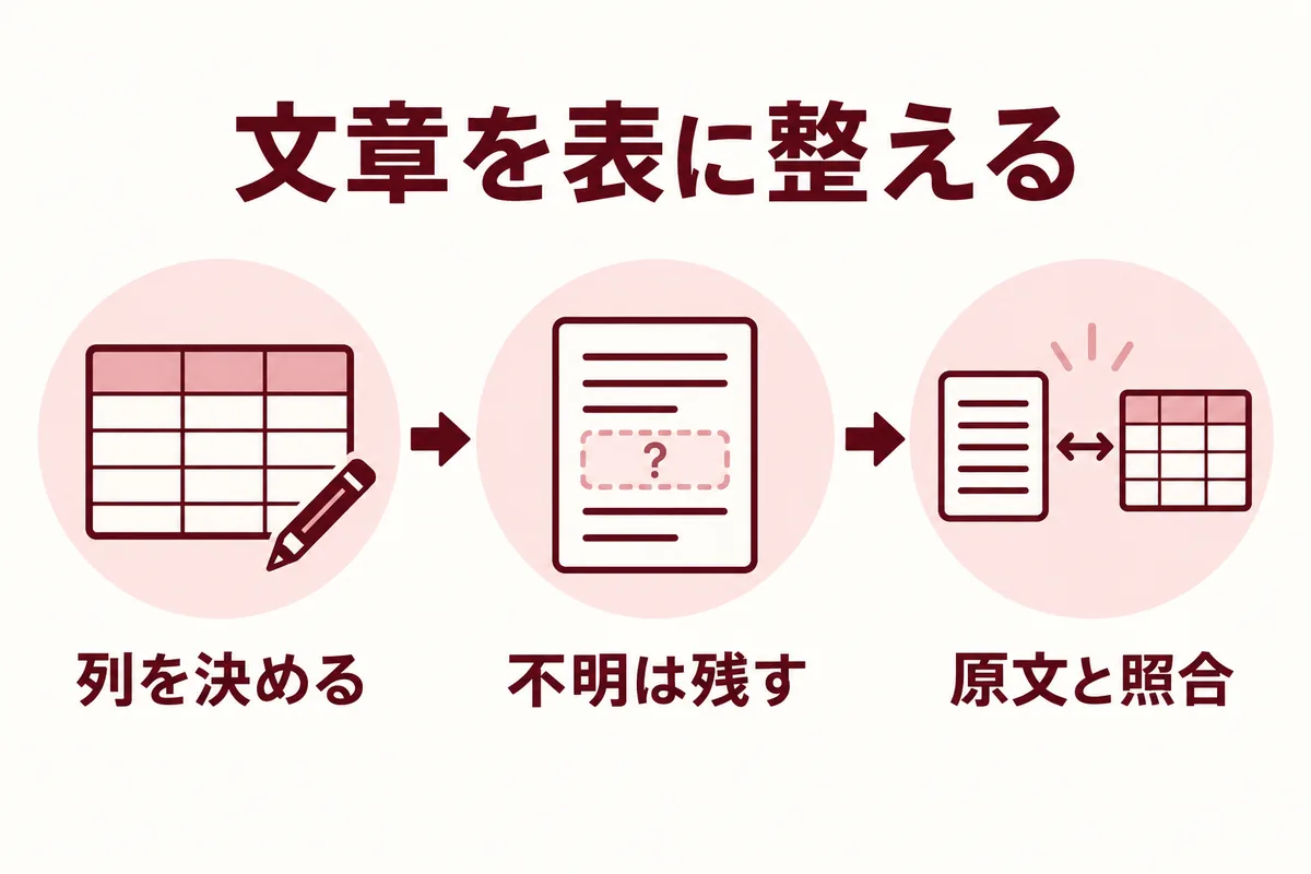 列を決め、不明な値を残し、原文と照合する文章から表への整理手順