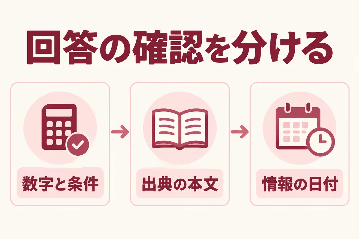 AIの回答を数字と条件、出典の本文、情報の日付に分けて確認する概念図