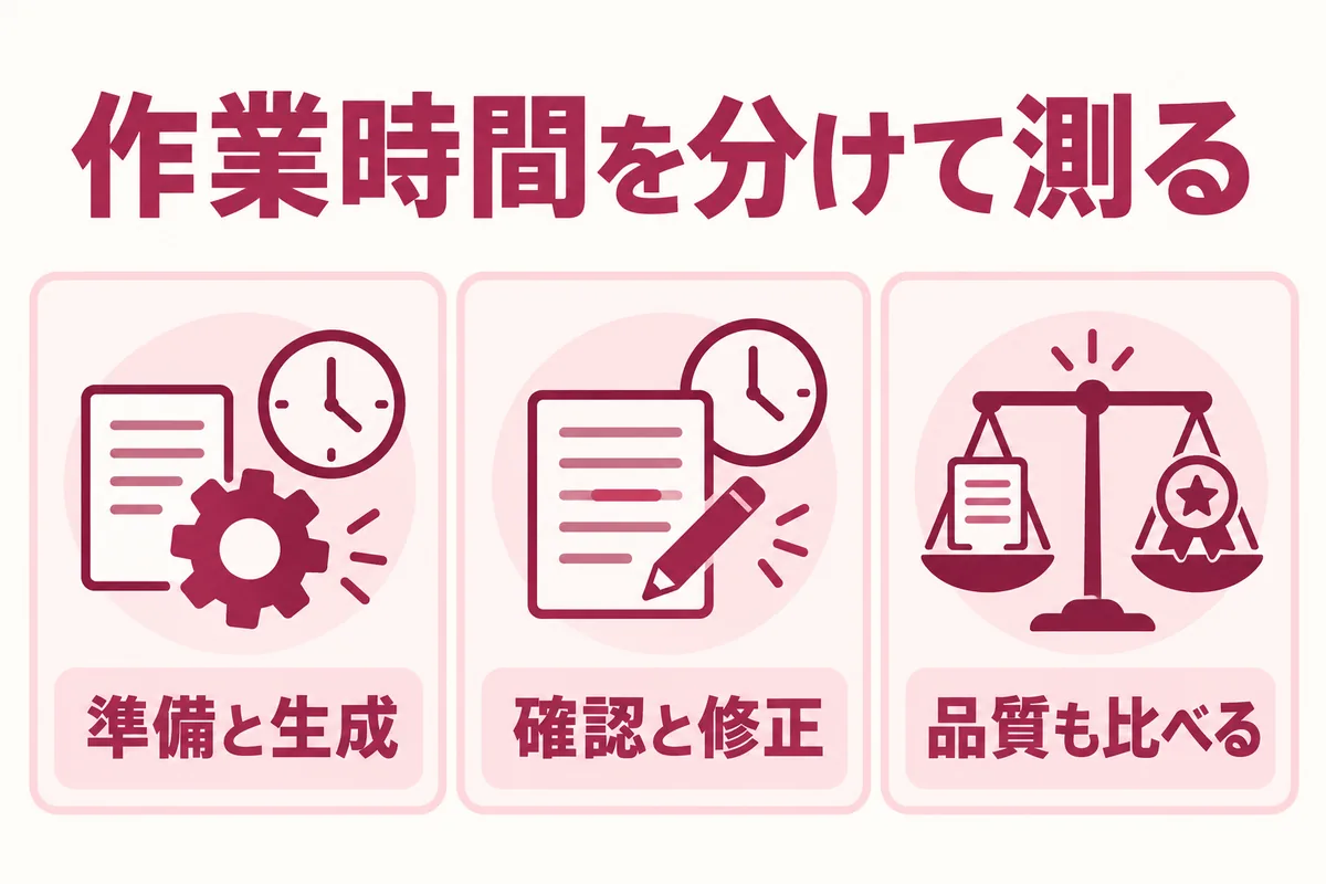 準備と生成、確認と修正、品質の比較に分けてAIの作業時間を測る図解