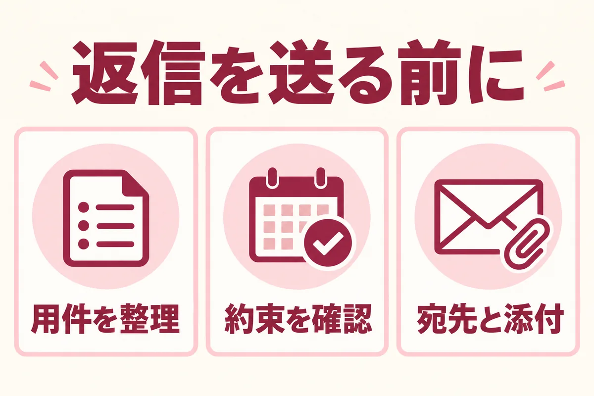 用件、約束、宛先と添付を確認してから返信する概念図