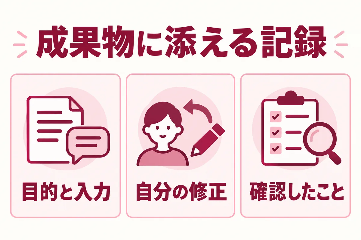 目的と入力、自分の修正、確認したことを成果物に添える概念図