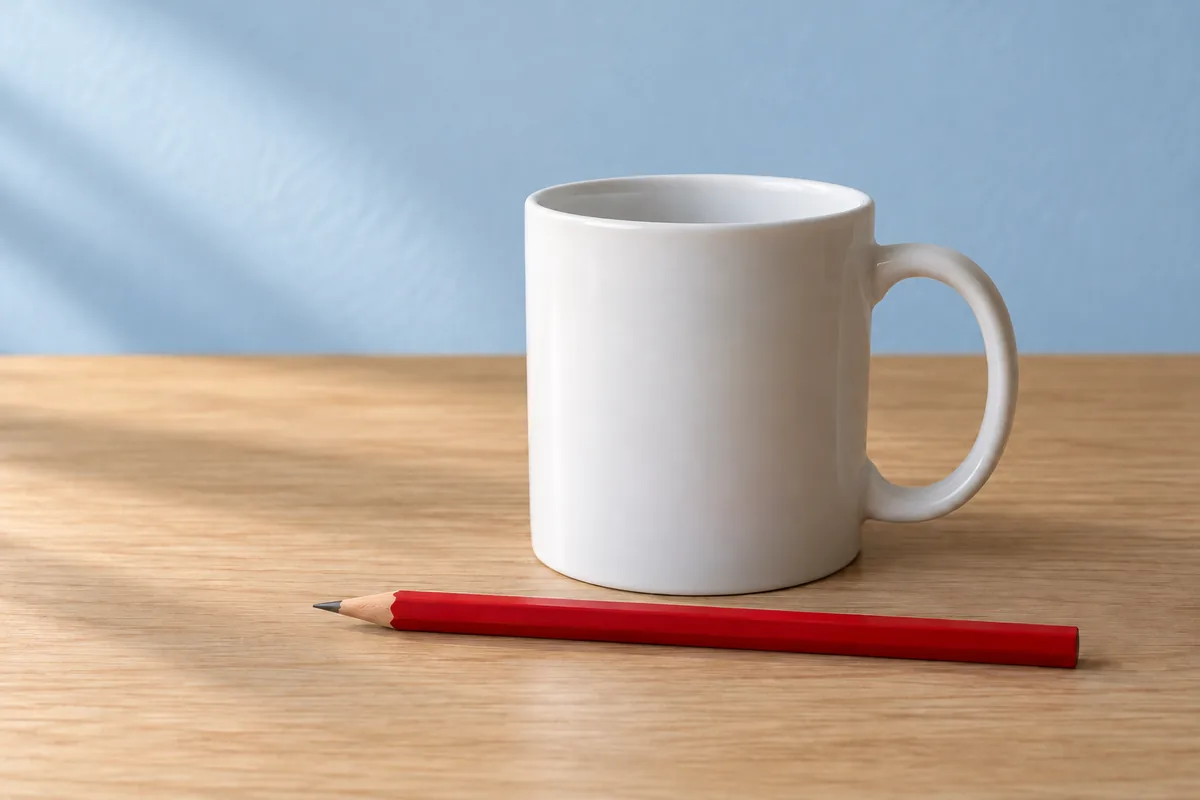 元画像の壁を淡い青に変更し、白いマグカップと赤い鉛筆を残した作例