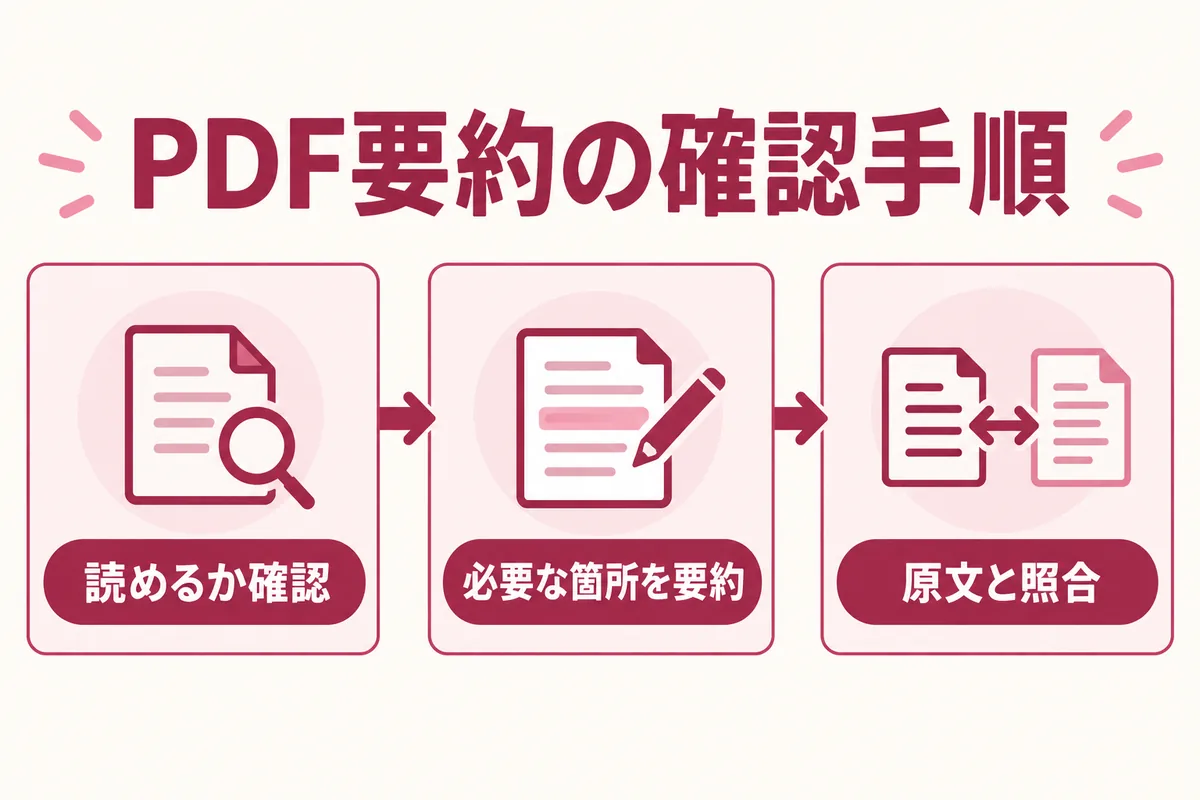 PDFが読めるか確認し、必要な箇所を要約した後、原文と照合する手順