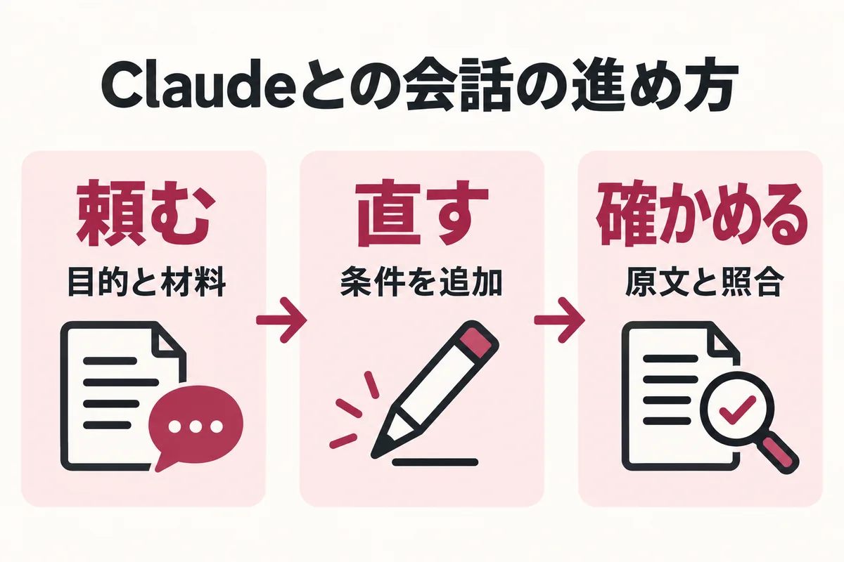 目的と材料を渡して頼み、条件を追加して直し、原文と照合して確かめる3段階