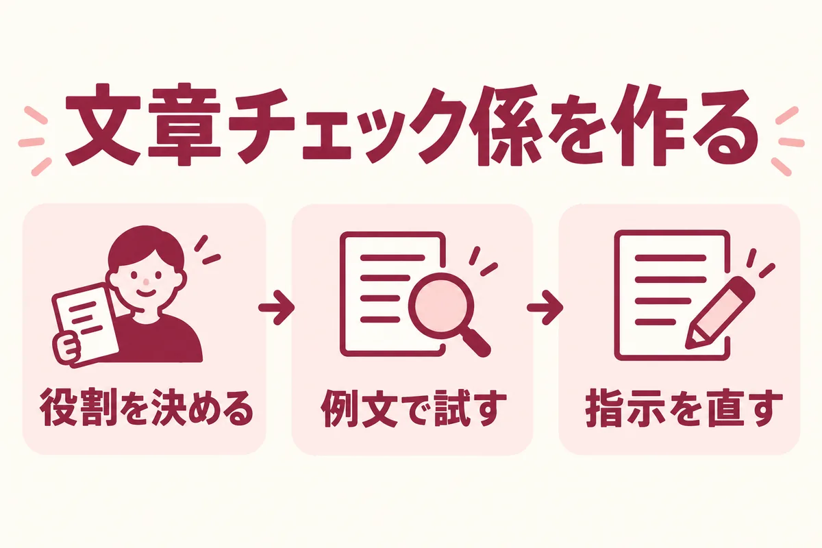 文章チェック係の役割を決め、例文で試して、指示を直す流れ