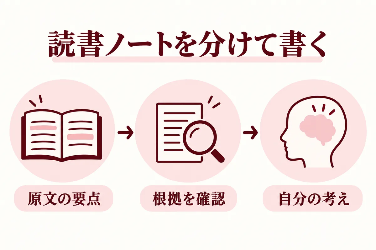 原文の要点、根拠の確認、自分の考えを分けて読書ノートに残す図解