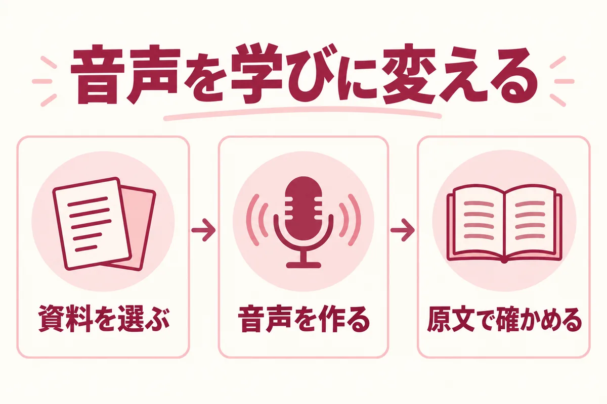 資料を選び、音声を作り、原文で内容を確かめる流れ